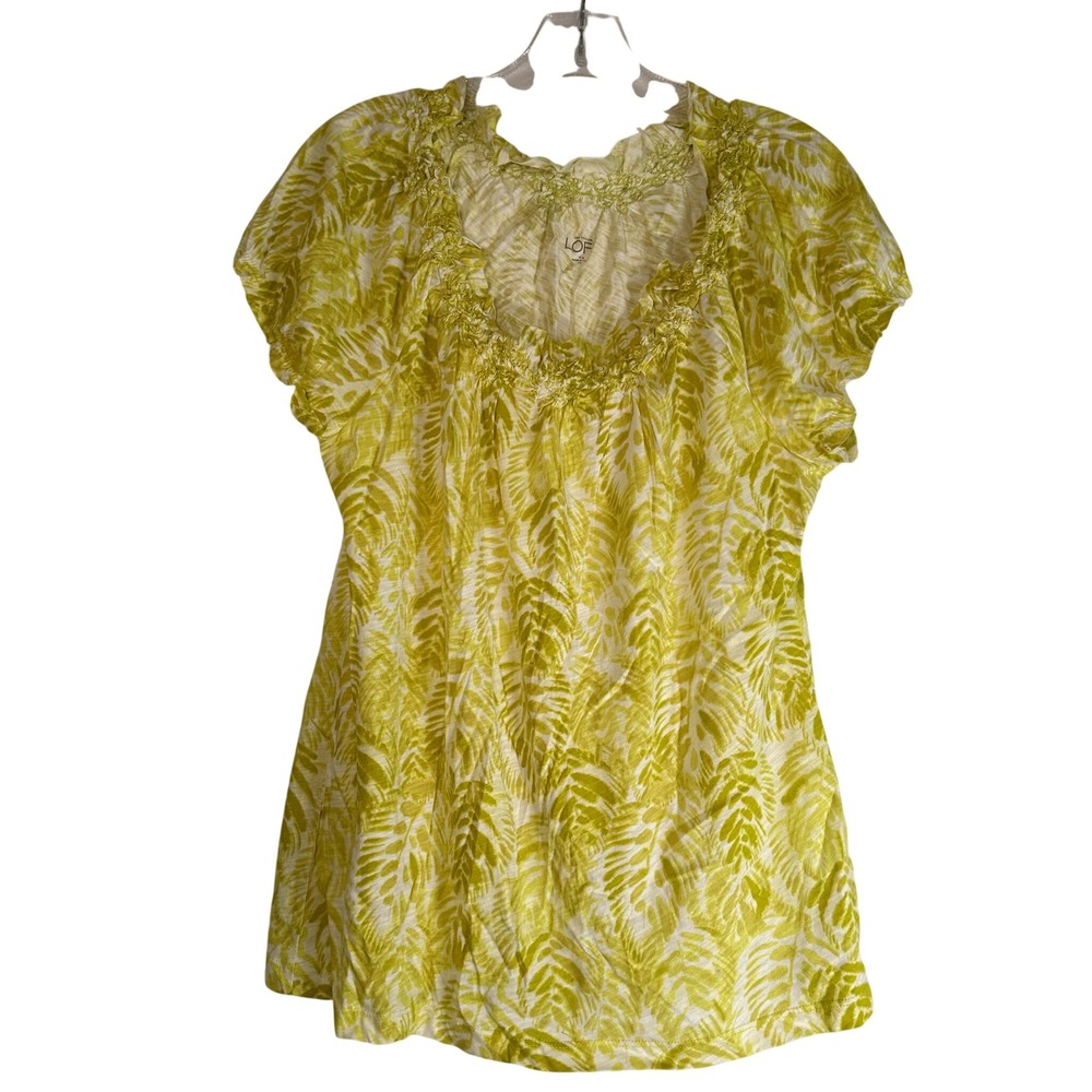 Ann Taylor LOFT Lime Green Palm Leaf Smocked Scoop Neck Cotton Top Medium